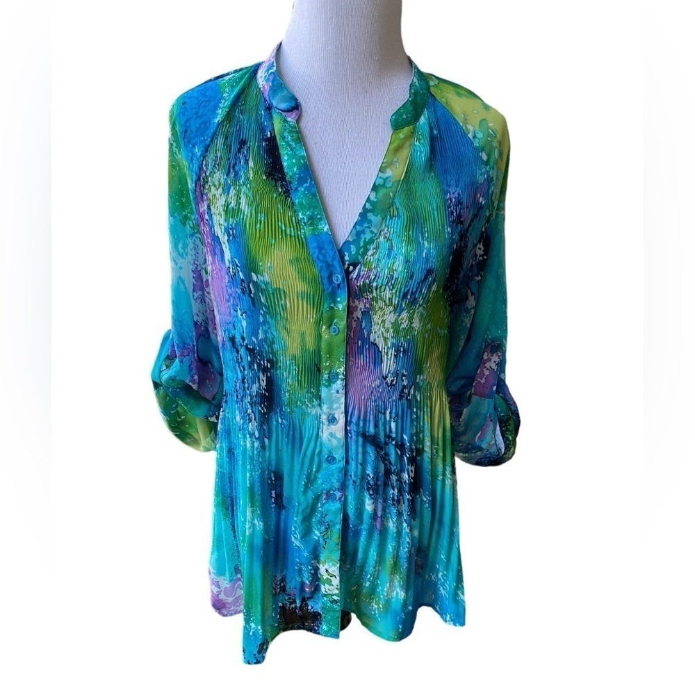 Women’s Semi Sheer Waterfall Print Blue/Green Button Up Top w/ Roll Tab Sleeves